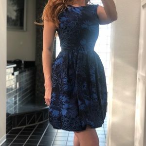 Alice + Olivia Blue Brocade Floral Bubble Dress